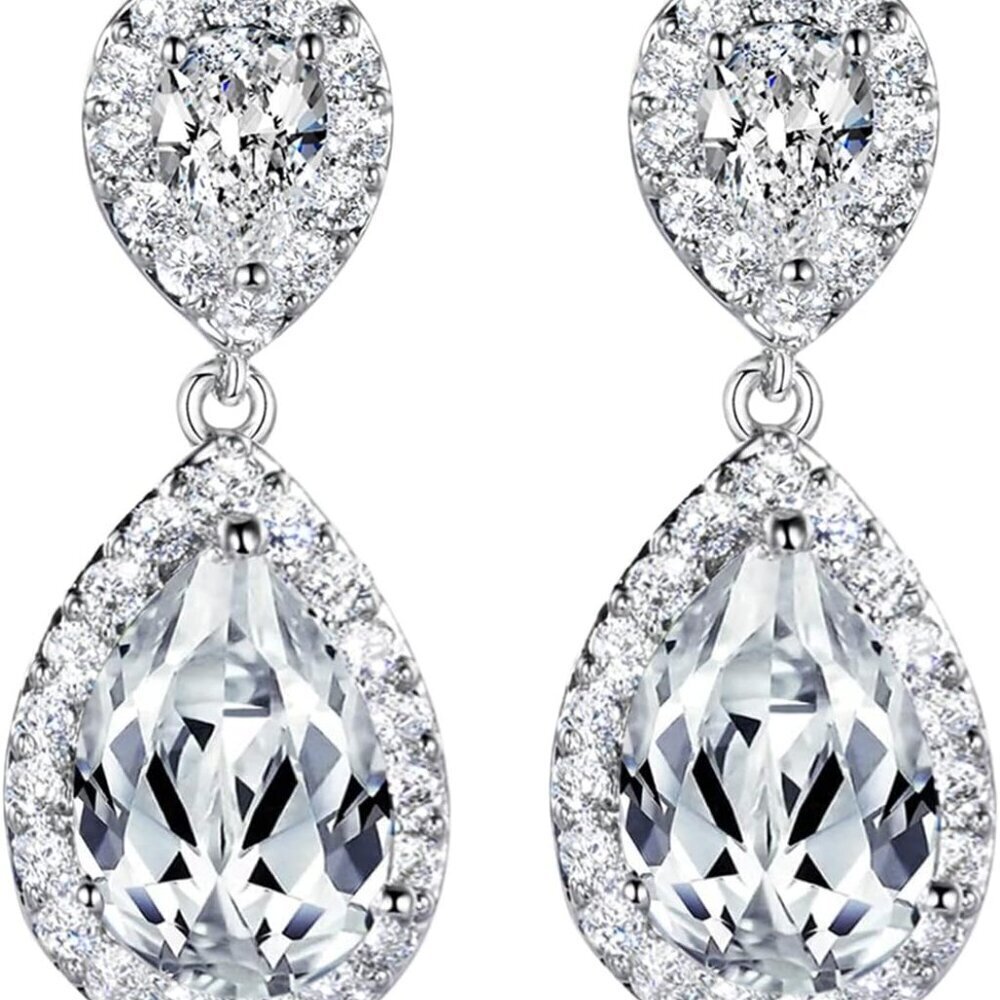 Bridal Drop Earrings Cubic Zirconia Silver Tone Dangle Clip Jewelry